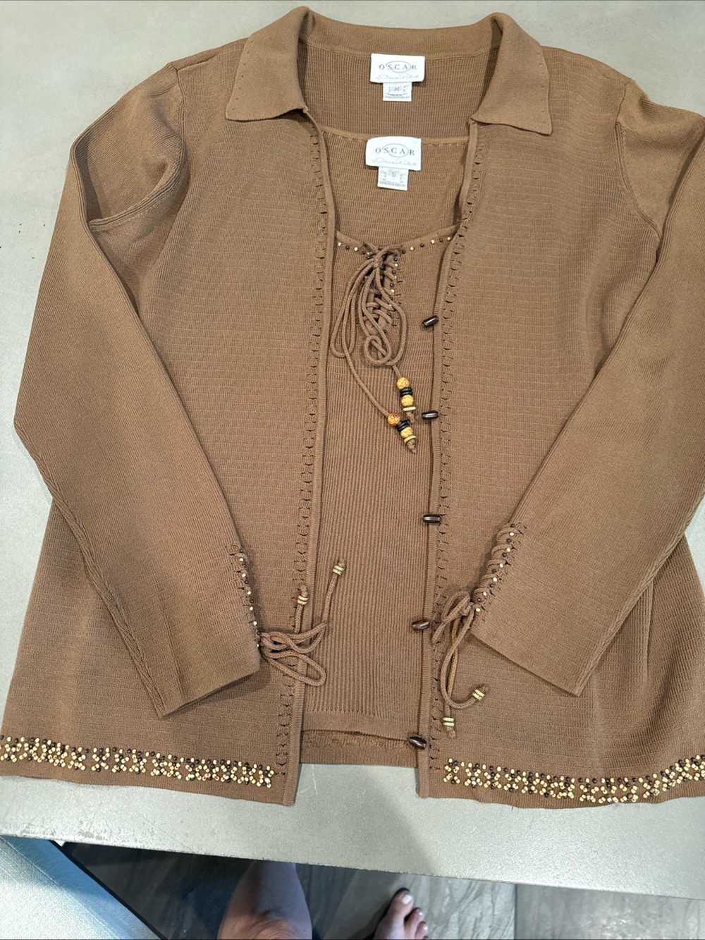 Oscar de la Renta Ribbed Knit Top in Camel